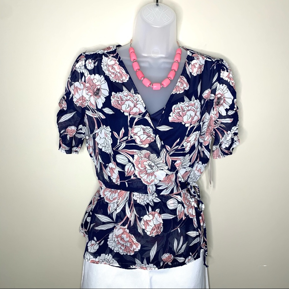 Navy Pink Floral Wrap V-Neck Blouse Built-In Cami Dressy Casual Size M Juniors